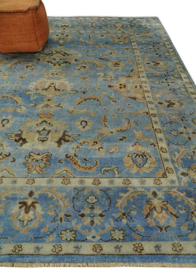 8x10 Hand Knotted Blue and Beige Traditional Vintage Persian Style Oushak Antique Wool Rug | TRD2499 - The Rug Decor