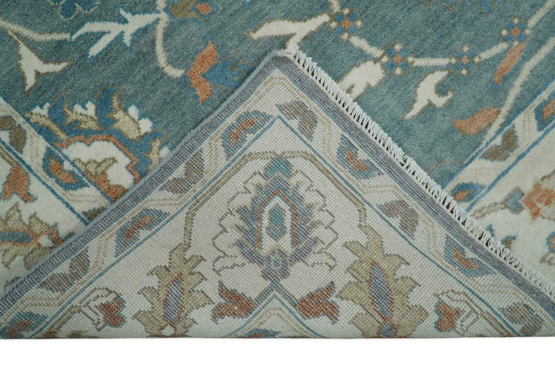 8x10 Hand Knotted Blue and Beige Traditional Vintage Turkish Oushak Antique Wool Rug | TRDCP756810 - The Rug Decor