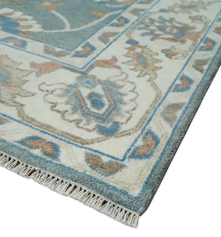 8x10 Hand Knotted Blue and Beige Traditional Vintage Turkish Oushak Antique Wool Rug | TRDCP756810 - The Rug Decor