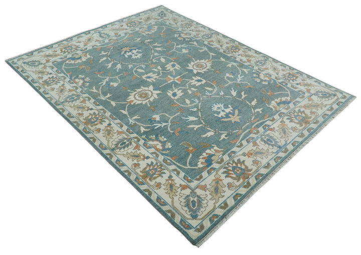 8x10 Hand Knotted Blue and Beige Traditional Vintage Turkish Oushak Antique Wool Rug | TRDCP756810 - The Rug Decor