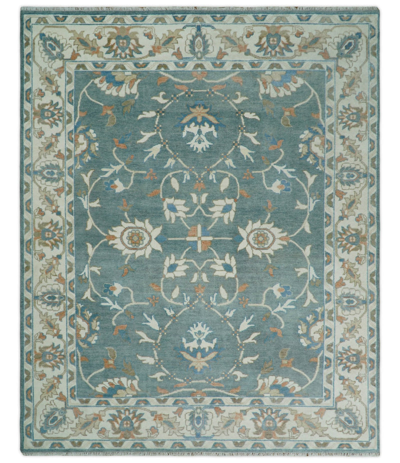 8x10 Hand Knotted Blue and Beige Traditional Vintage Turkish Oushak Antique Wool Rug | TRDCP756810 - The Rug Decor