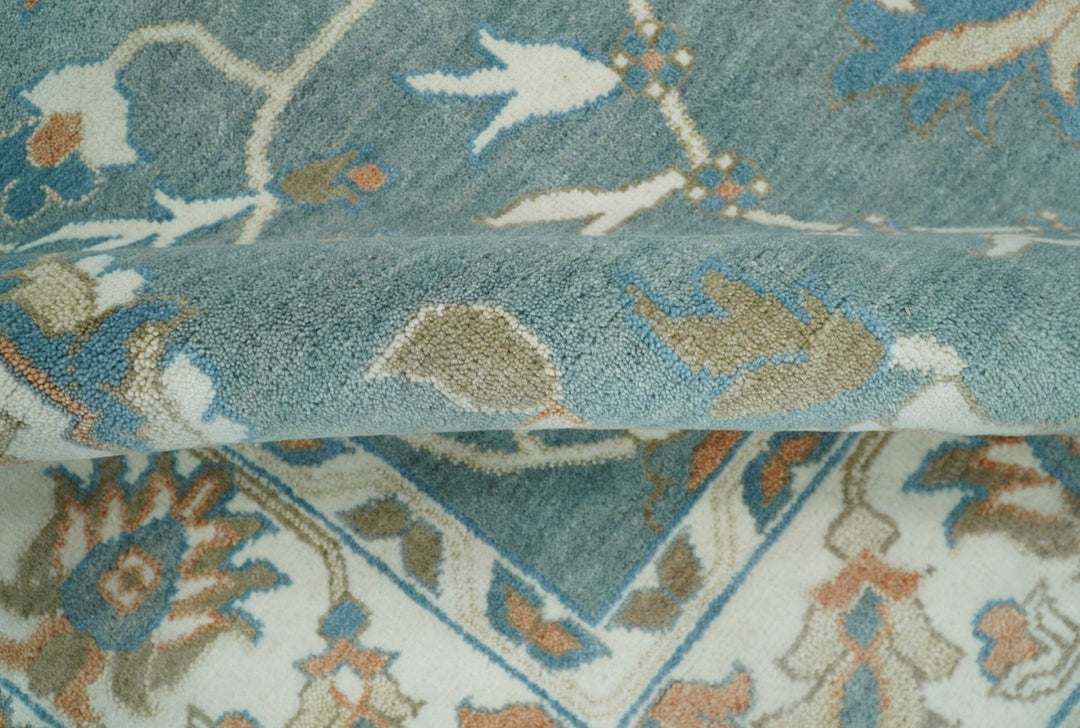 8x10 Hand Knotted Blue and Beige Traditional Vintage Turkish Oushak Antique Wool Rug | TRDCP756810 - The Rug Decor