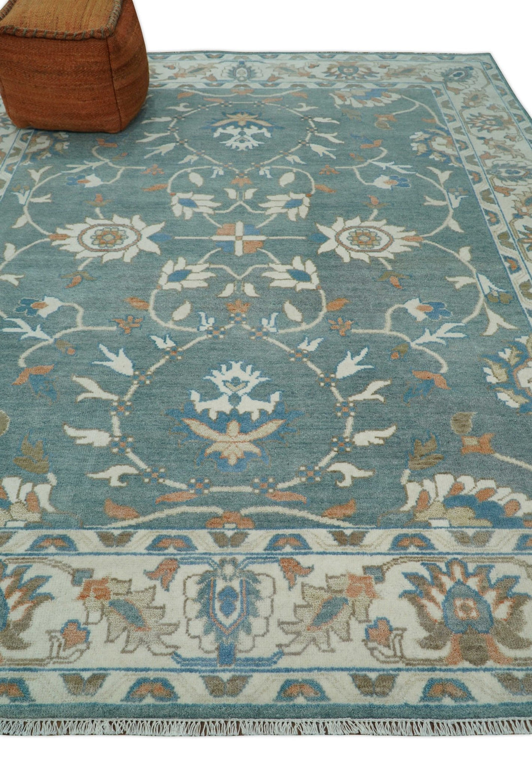 8x10 Hand Knotted Blue and Beige Traditional Vintage Turkish Oushak Antique Wool Rug | TRDCP756810 - The Rug Decor