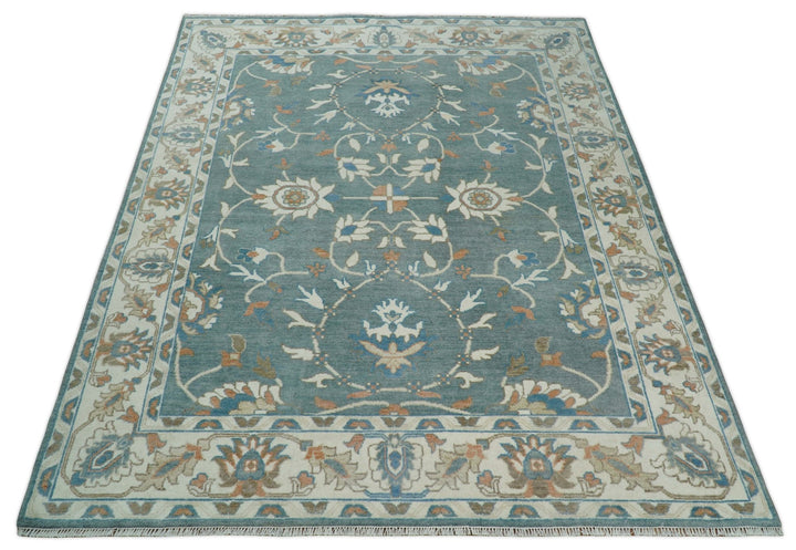 8x10 Hand Knotted Blue and Beige Traditional Vintage Turkish Oushak Antique Wool Rug | TRDCP756810 - The Rug Decor