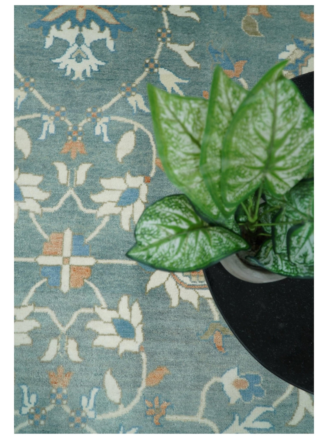 8x10 Hand Knotted Blue and Beige Traditional Vintage Turkish Oushak Antique Wool Rug | TRDCP756810 - The Rug Decor
