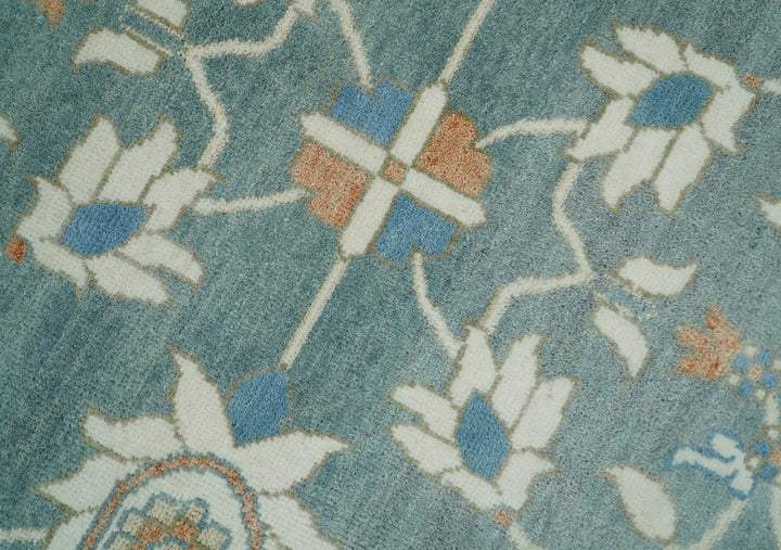 8x10 Hand Knotted Blue and Beige Traditional Vintage Turkish Oushak Antique Wool Rug | TRDCP756810 - The Rug Decor