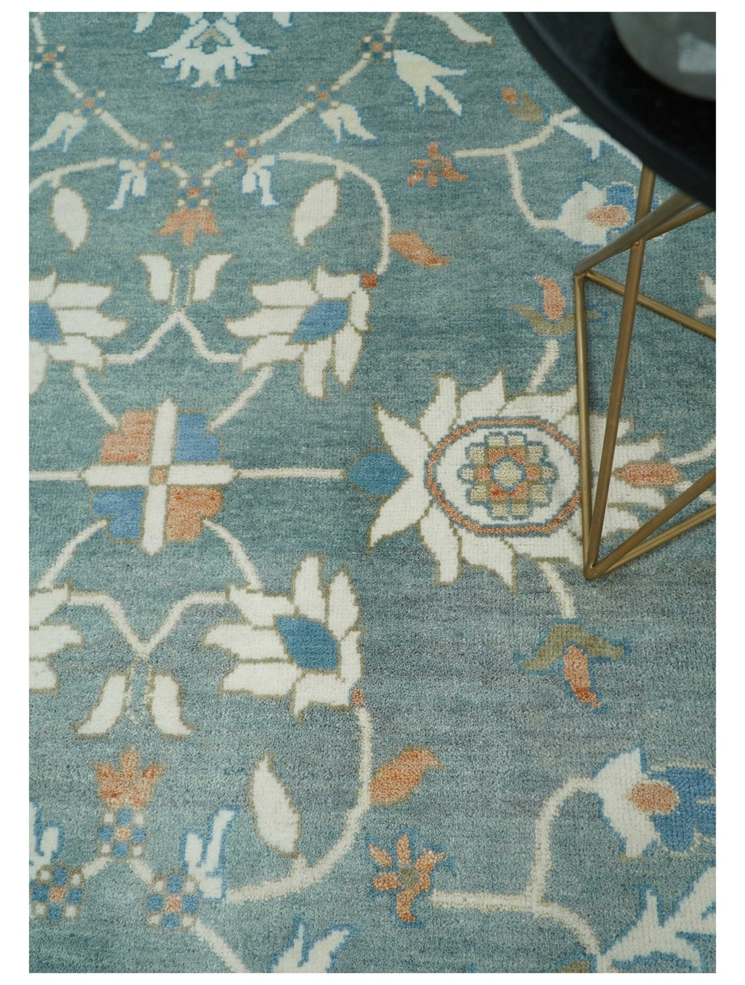 8x10 Hand Knotted Blue and Beige Traditional Vintage Turkish Oushak Antique Wool Rug | TRDCP756810 - The Rug Decor