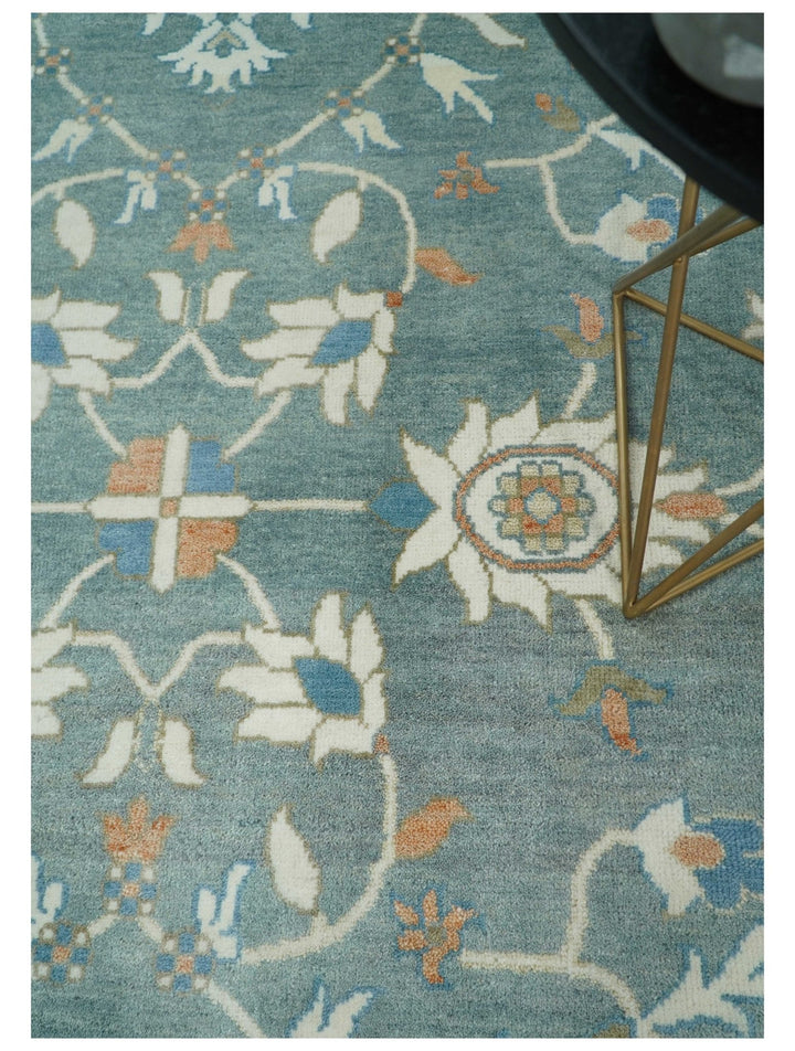 8x10 Hand Knotted Blue and Beige Traditional Vintage Turkish Oushak Antique Wool Rug | TRDCP756810 - The Rug Decor