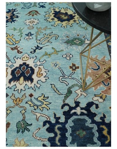 8x10 Hand Knotted Blue and Ivory Traditional Vintage Persian Oushak Antique Wool Rug | TRDCP564810 - The Rug Decor