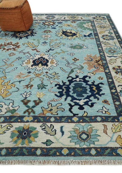 8x10 Hand Knotted Blue and Ivory Traditional Vintage Persian Oushak Antique Wool Rug | TRDCP564810 - The Rug Decor