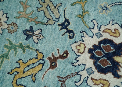 8x10 Hand Knotted Blue and Ivory Traditional Vintage Persian Oushak Antique Wool Rug | TRDCP564810 - The Rug Decor