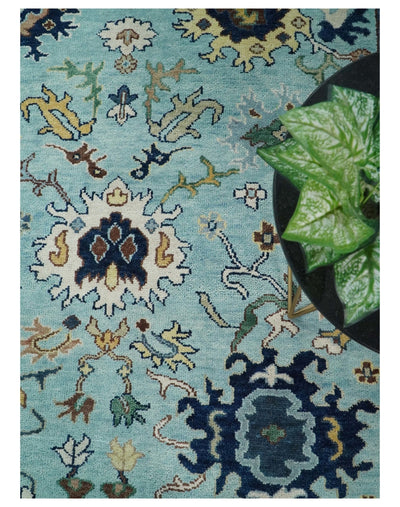 8x10 Hand Knotted Blue and Ivory Traditional Vintage Persian Oushak Antique Wool Rug | TRDCP564810 - The Rug Decor