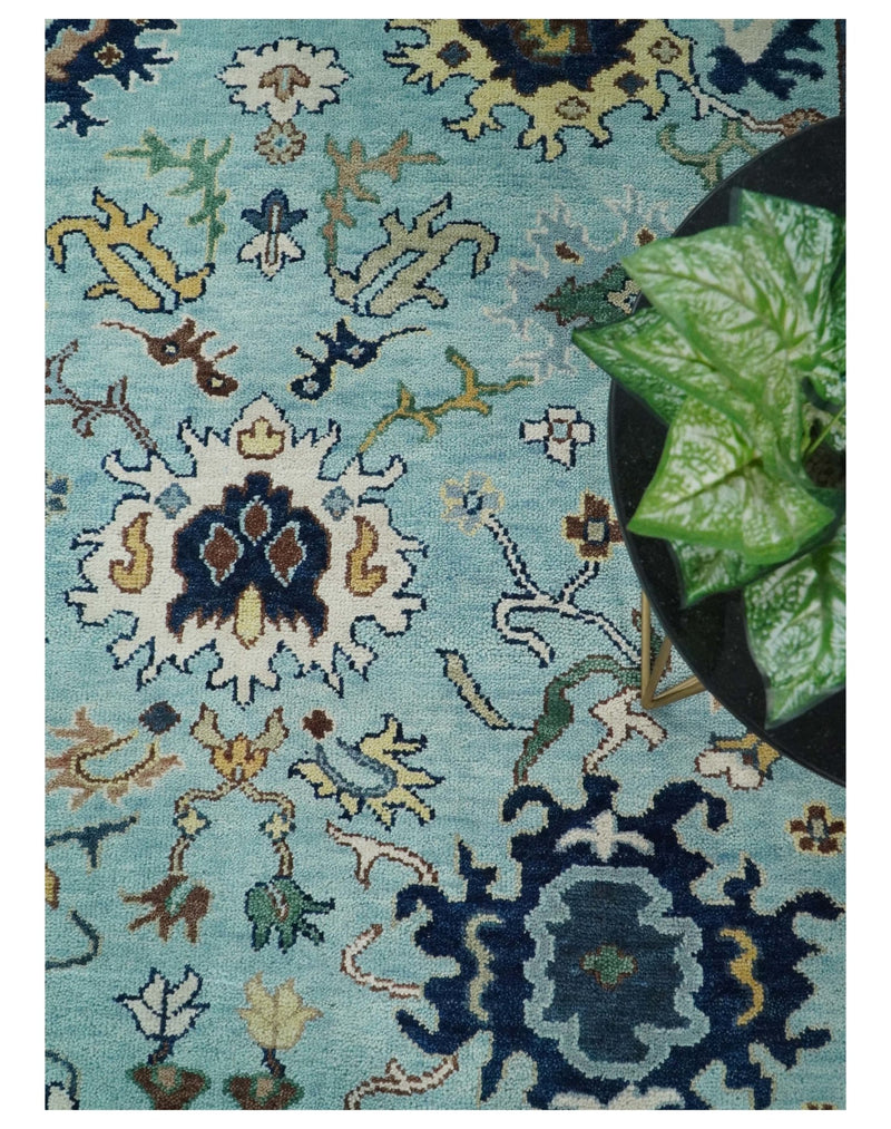 8x10 Hand Knotted Blue and Ivory Traditional Vintage Persian Oushak Antique Wool Rug | TRDCP564810 - The Rug Decor