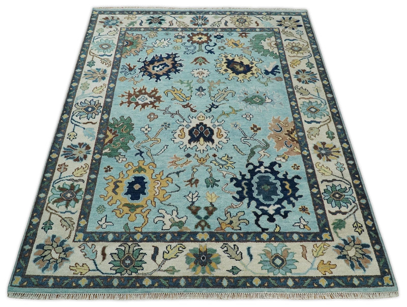 8x10 Hand Knotted Blue and Ivory Traditional Vintage Persian Oushak Antique Wool Rug | TRDCP564810 - The Rug Decor