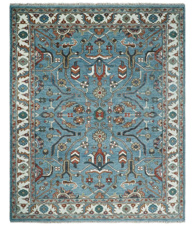 8x10 Hand Knotted Blue and Ivory Traditional Vintage Persian Style Antique Wool Rug | TRDCP587810 - The Rug Decor