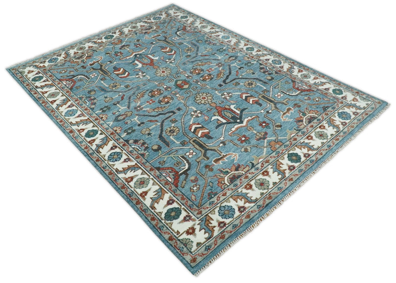 8x10 Hand Knotted Blue and Ivory Traditional Vintage Persian Style Antique Wool Rug | TRDCP587810 - The Rug Decor