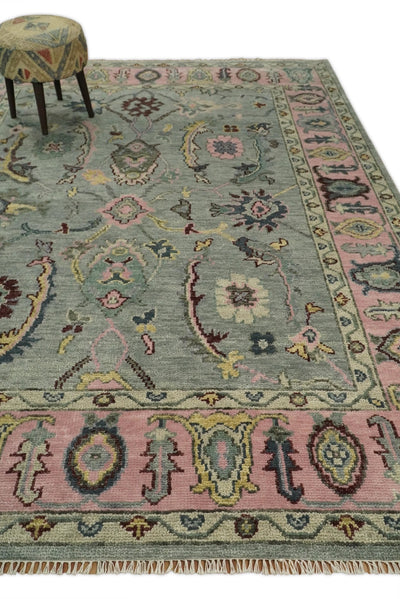 8x10 Hand Knotted Blue and Pink Traditional Persian Oushak Antique Wool Rug | TRDCP693 - The Rug Decor