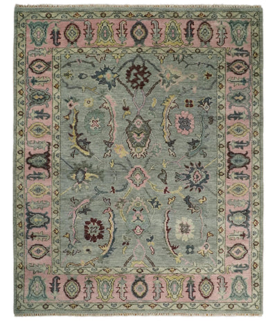 8x10 Hand Knotted Blue and Pink Traditional Persian Oushak Antique Wool Rug | TRDCP693 - The Rug Decor