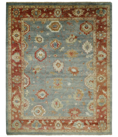 8x10 Hand Knotted Blue and Rust Traditional Vintage Persian Style Oushak Antique Wool Rug | TRD2495 - The Rug Decor
