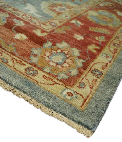 8x10 Hand Knotted Blue and Rust Traditional Vintage Persian Style Oushak Antique Wool Rug | TRD2495 - The Rug Decor