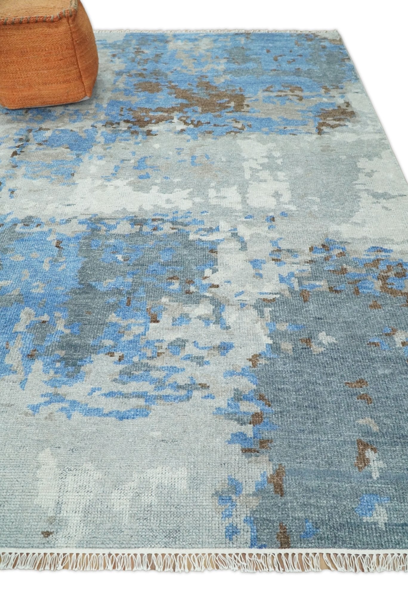 8x10 Hand Knotted Blue and Silver Modern Abstract Low Pile Contemporary Wool Rug | TRD2650 - The Rug Decor