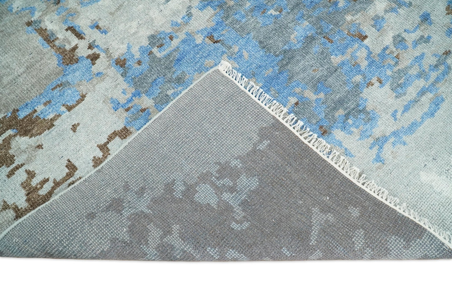 8x10 Hand Knotted Blue and Silver Modern Abstract Low Pile Contemporary Wool Rug | TRD2650 - The Rug Decor