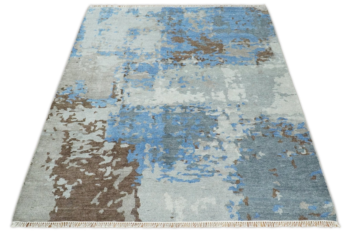 8x10 Hand Knotted Blue and Silver Modern Abstract Low Pile Contemporary Wool Rug | TRD2650 - The Rug Decor