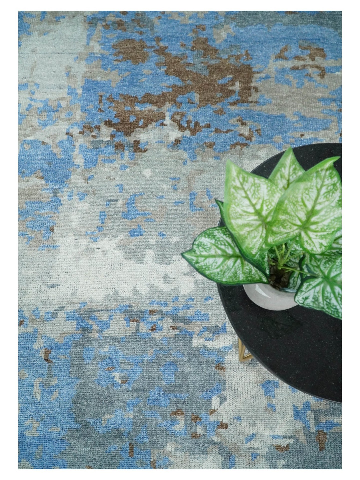 8x10 Hand Knotted Blue and Silver Modern Abstract Low Pile Contemporary Wool Rug | TRD2650 - The Rug Decor