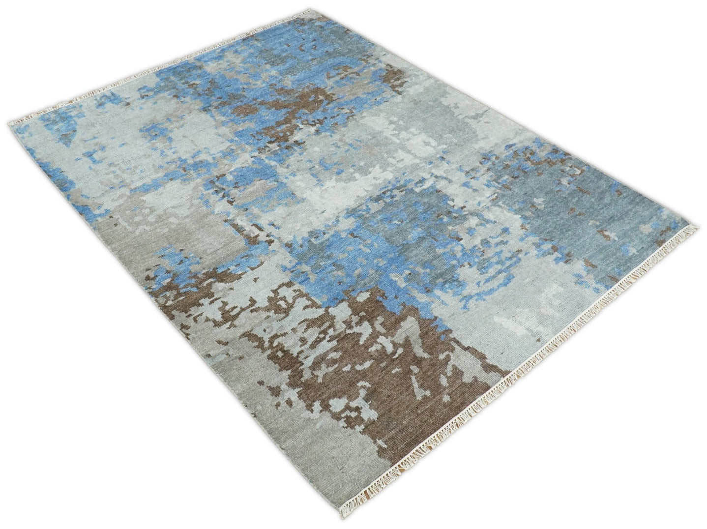 8x10 Hand Knotted Blue and Silver Modern Abstract Low Pile Contemporary Wool Rug | TRD2650 - The Rug Decor