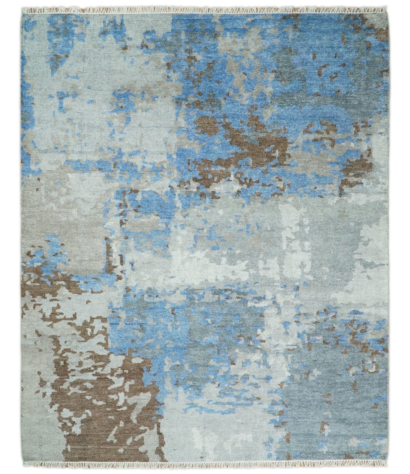 8x10 Hand Knotted Blue and Silver Modern Abstract Low Pile Contemporary Wool Rug | TRD2650 - The Rug Decor