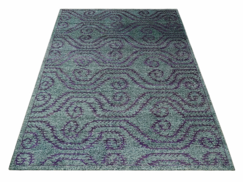 8x10 Hand Knotted Blue, Gray and Purple Modern Contemporary Southwestern Tribal Trellis Recycled Silk Area Rug | OP32 - The Rug Decor