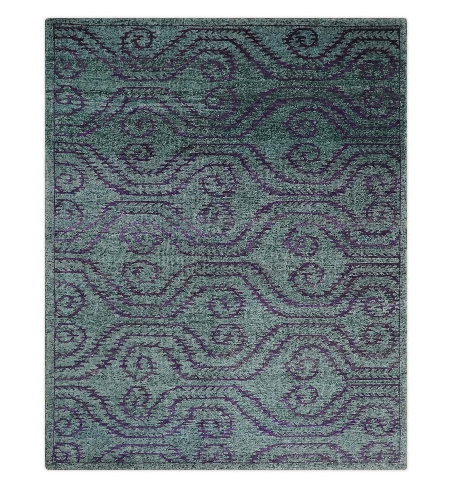 8x10 Hand Knotted Blue, Gray and Purple Modern Contemporary Southwestern Tribal Trellis Recycled Silk Area Rug | OP32 - The Rug Decor