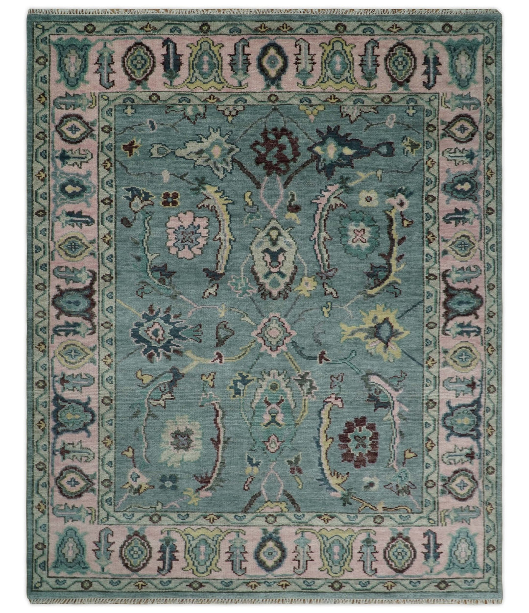 8x10 Hand Knotted Blue Green and Pink Traditional Persian Vintage Wool Rug | TRDCP771810 - The Rug Decor