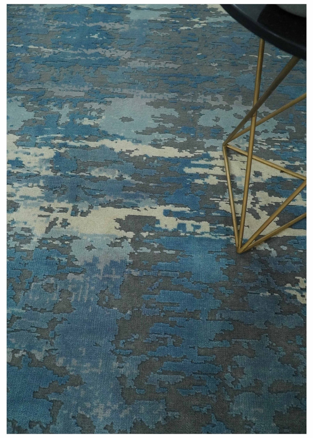8x10 Hand Knotted Blue, Ivory and Charcoal Abstract Wool Area Rug - The Rug Decor