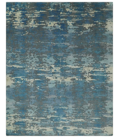 8x10 Hand Knotted Blue, Ivory and Charcoal Abstract Wool Area Rug - The Rug Decor