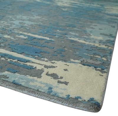 8x10 Hand Knotted Blue, Ivory and Charcoal Abstract Wool Area Rug - The Rug Decor