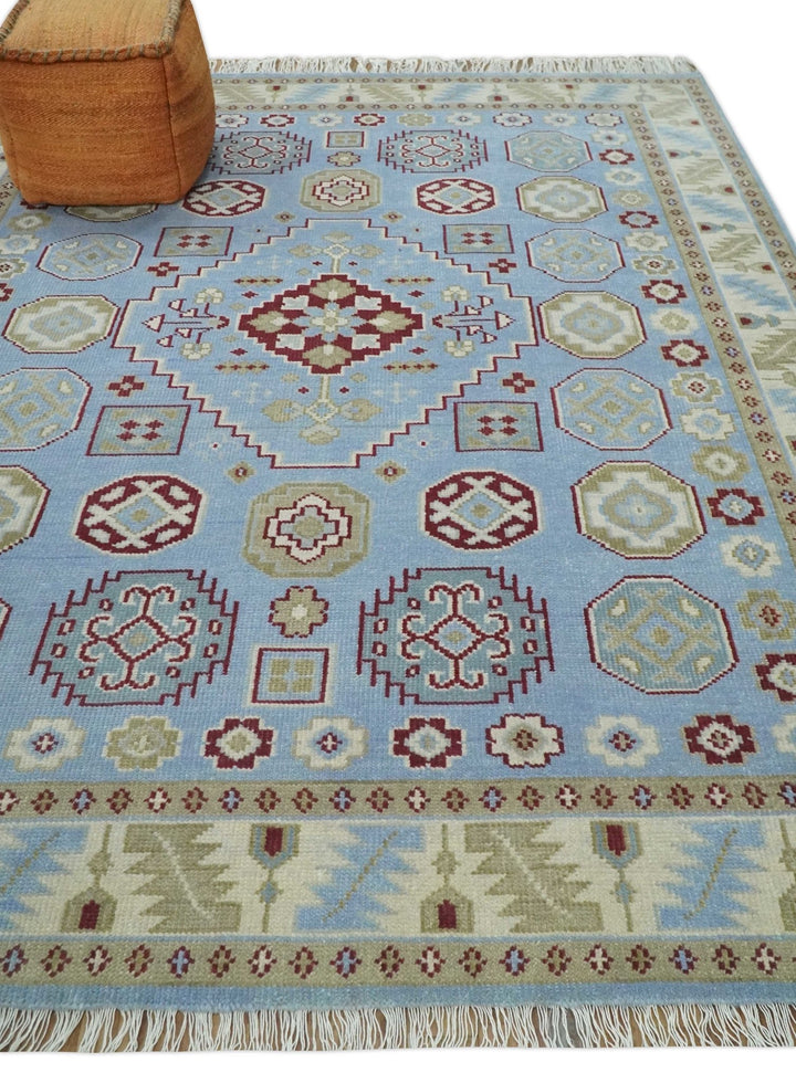 8x10 Hand Knotted Blue, Ivory, Beige and Rust Traditional Persian Oushak Wool Rug | AC8810 - The Rug Decor