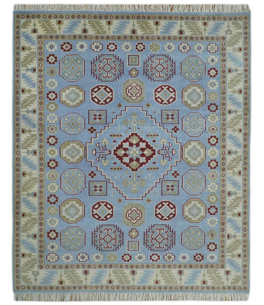 8x10 Hand Knotted Blue, Ivory, Beige and Rust Traditional Persian Oushak Wool Rug | AC8810 - The Rug Decor