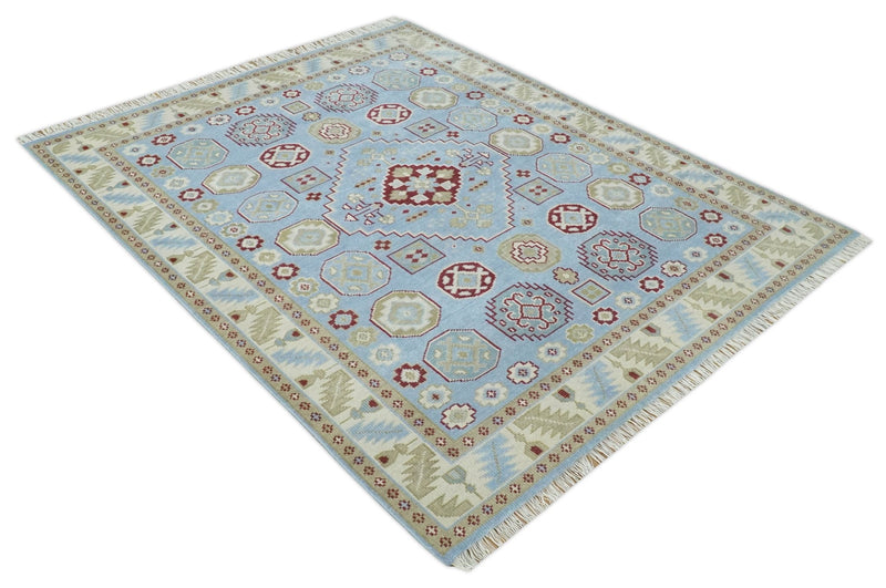 8x10 Hand Knotted Blue, Ivory, Beige and Rust Traditional Persian Oushak Wool Rug | AC8810 - The Rug Decor