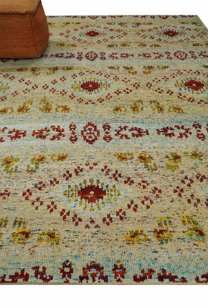 8x10 Hand Knotted Blue, Rust and Camel Persian made of Recycled Silk Area Rug | OP19 - The Rug Decor