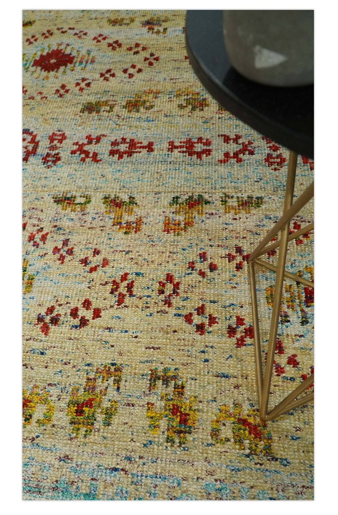 8x10 Hand Knotted Blue, Rust and Camel Persian made of Recycled Silk Area Rug | OP19 - The Rug Decor
