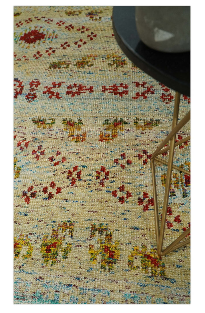 8x10 Hand Knotted Blue, Rust and Camel Persian made of Recycled Silk Area Rug | OP19 - The Rug Decor