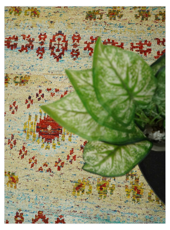 8x10 Hand Knotted Blue, Rust and Camel Persian made of Recycled Silk Area Rug | OP19 - The Rug Decor