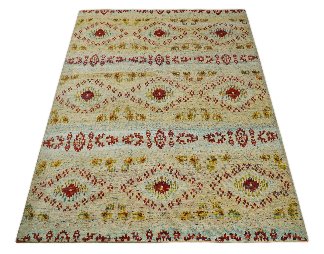 8x10 Hand Knotted Blue, Rust and Camel Persian made of Recycled Silk Area Rug | OP19 - The Rug Decor