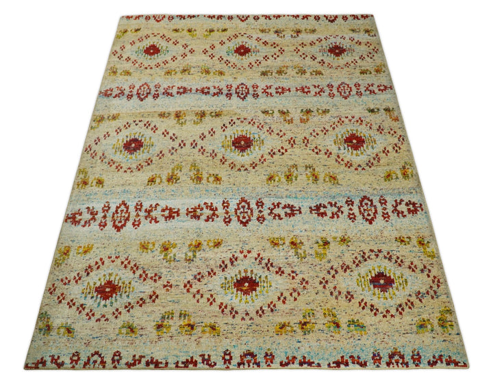 8x10 Hand Knotted Blue, Rust and Camel Persian made of Recycled Silk Area Rug | OP19 - The Rug Decor
