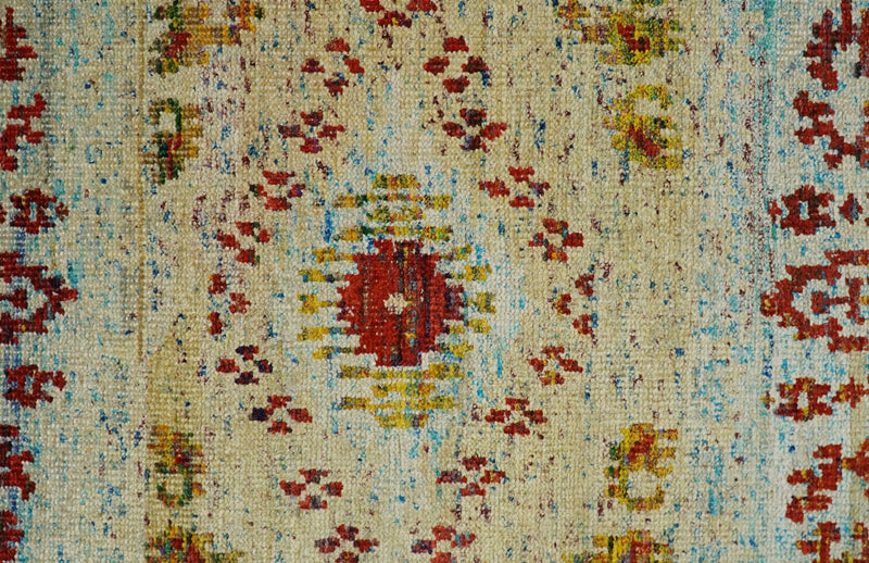 8x10 Hand Knotted Blue, Rust and Camel Persian made of Recycled Silk Area Rug | OP19 - The Rug Decor