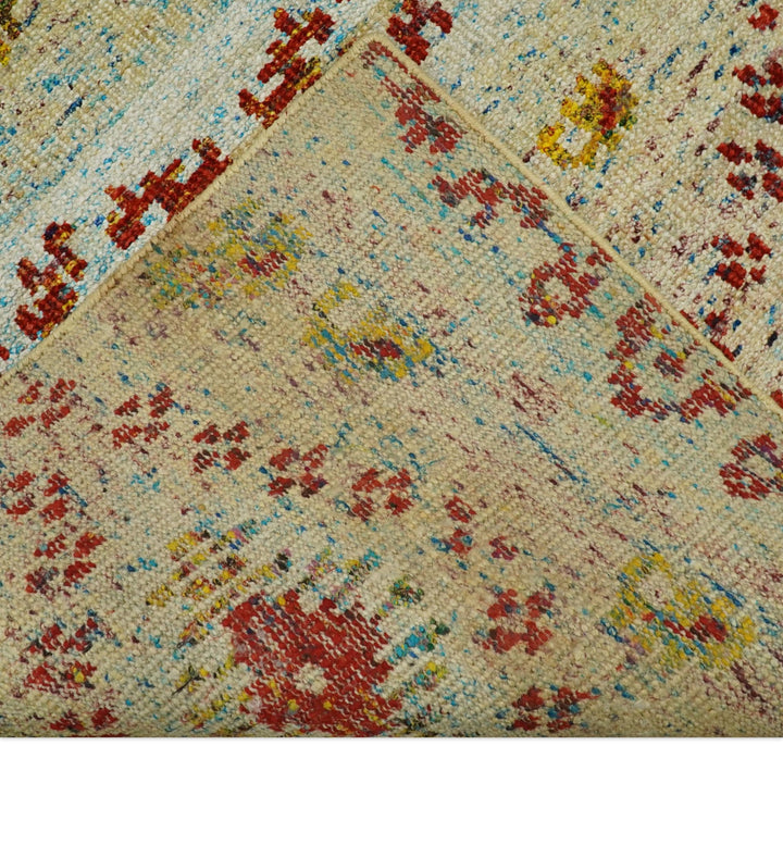 8x10 Hand Knotted Blue, Rust and Camel Persian made of Recycled Silk Area Rug | OP19 - The Rug Decor