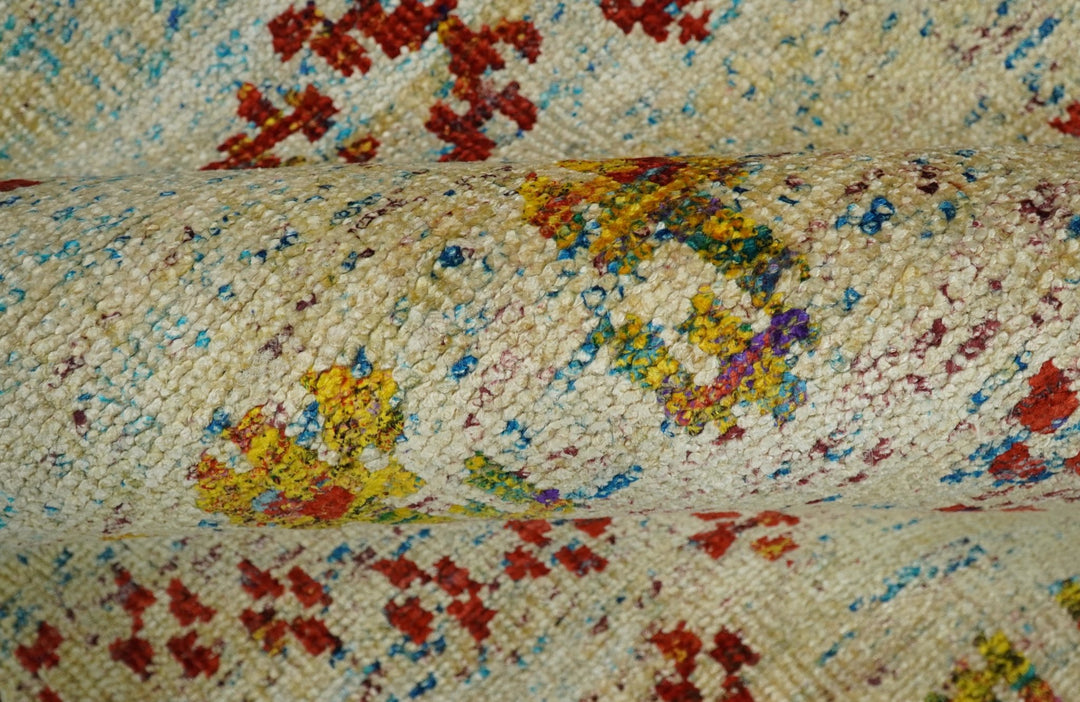 8x10 Hand Knotted Blue, Rust and Camel Persian made of Recycled Silk Area Rug | OP19 - The Rug Decor
