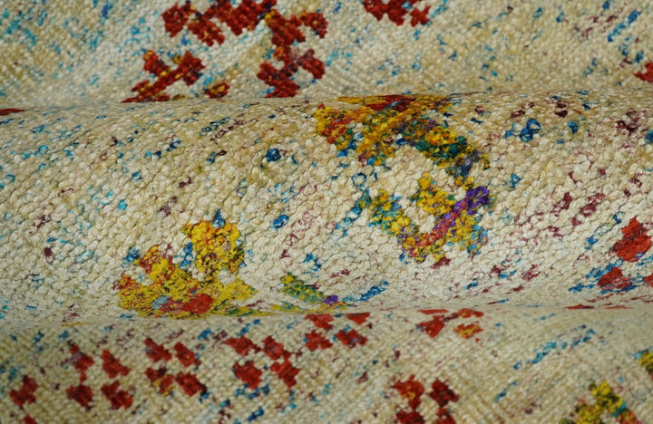 8x10 Hand Knotted Blue, Rust and Camel Persian made of Recycled Silk Area Rug | OP19 - The Rug Decor