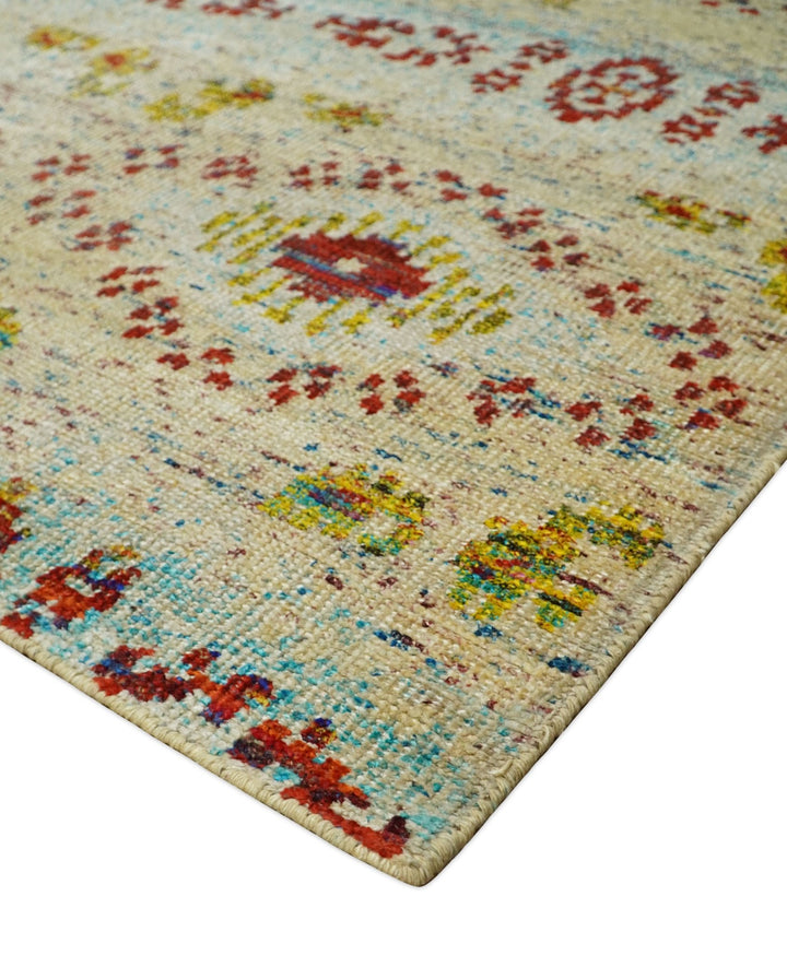 8x10 Hand Knotted Blue, Rust and Camel Persian made of Recycled Silk Area Rug | OP19 - The Rug Decor